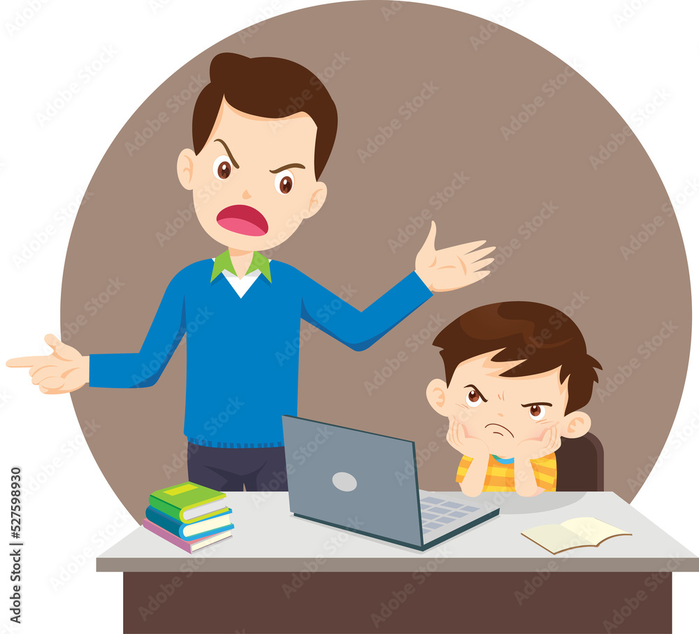 famly and child boy bored of studying in front of the laptop. Concept of tired kid from home e-learning or online education famly and child boy bored of studying in front of the laptop. Concept of tired kid from home e-learning or online education