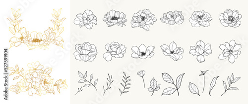 Set of luxury floral vector element. Collection of botanical with rose flowers, leaf branch, wreath, leaves in gold and black hand drawn. Elegant flowers for decorative, prints, logo, wedding, card.