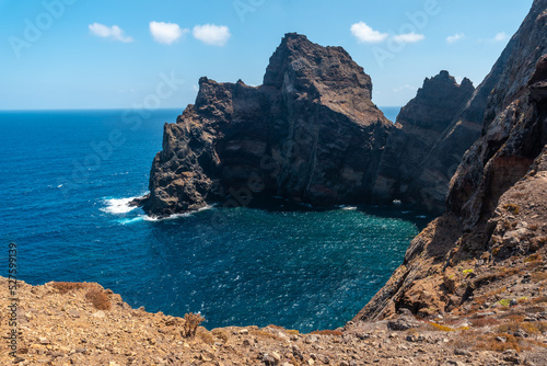 View from the viewpoint of the colorful rock formations at Ponta de Sao Lourenco, Madeira coast. Portugal