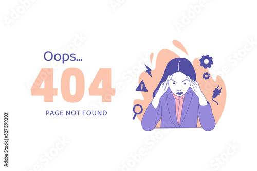 woman holding hands on head having disappointment for Oops 404 error design concept landing page