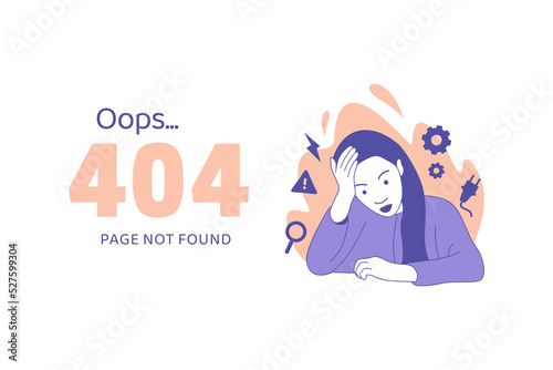 woman holding hands on head having disappointment for Oops 404 error design concept landing page