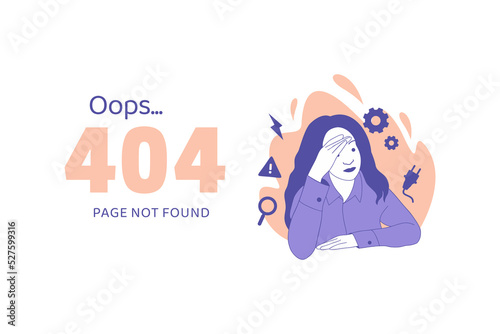 woman holding hands on head having disappointment for Oops 404 error design concept landing page