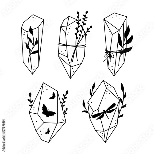 Line mystic crystal with natural decor. Pressures gemstone with botanical florals and insects. Boho linear vector