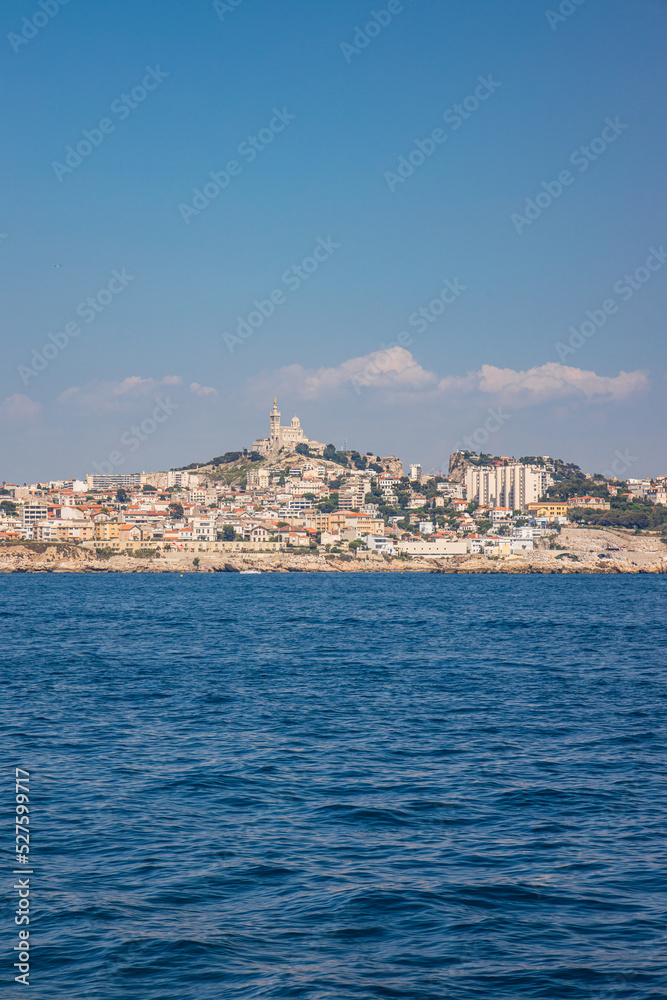 Skyline of Marseille with a view on the 7th arrondissement, Endoume district, Pointe d'Endoume and Pointe Cadiere from the Mediterranean sea 