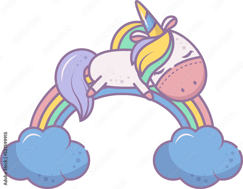 A cute unicorn is sleeping on the rainbow. Kids illustration in kawaii style.