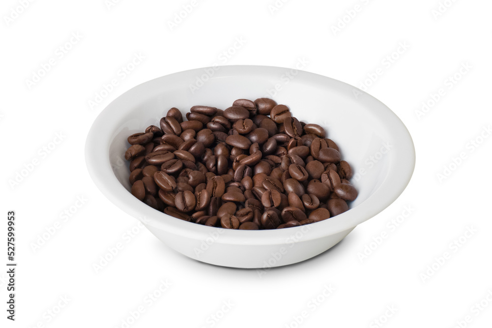 white plate with coffee beans on white background white plate with coffee beans on white background