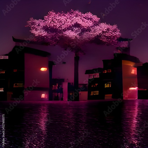 Town - Night, Anime background, Illustration.