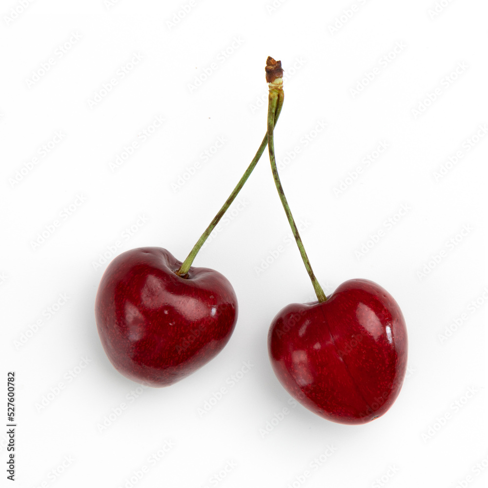 two cherries isolated on white background, top view two cherries isolated on white background, top view