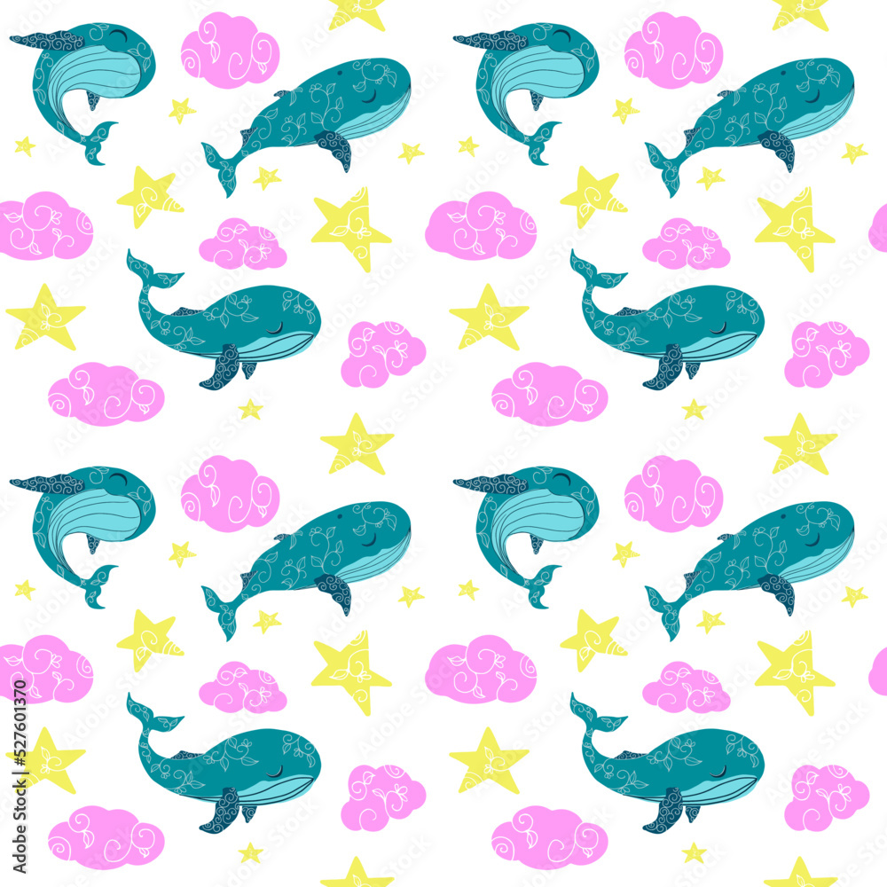 Drawn artistic whales. Fabric print. Pink clouds. Children's print. Whale pattern. Marine fantasy theme.