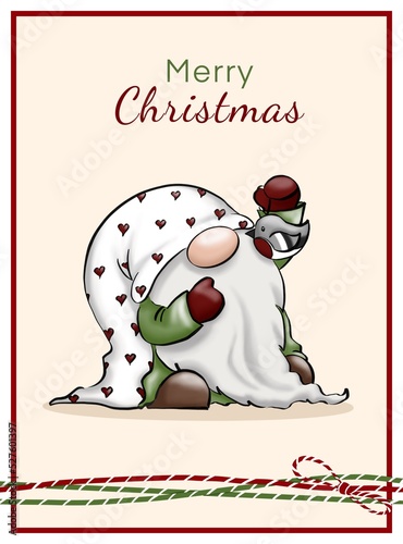 Cute gnome in gnome hat decorating Christmas tree with snowbird.  Christmas and New Year vertical postcard with red frame and imitation of decorative robe. Collection of gnomes in cartoon style.
