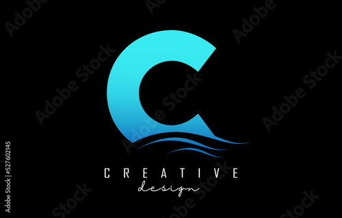 Water effect blue letter C logo with leading lines. Letter with geometric and waves design.Vector Illustration with letter and creative cuts.