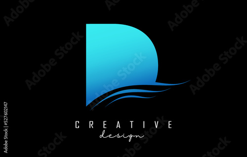Water effect blue letter D logo with leading lines. Letter with geometric and waves design.Vector Illustration with letter and creative cuts.