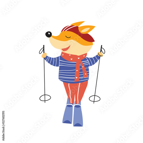 Cute cartoon fox with skis and ski poles. Skiing. Winter holidays. Can be used for kids clothes design, prints and posters.