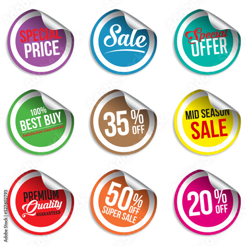 Realistic price tags collection. Special offer or shopping discount label. Retail paper sticker. Promotional sale badge. Vector illustration. 