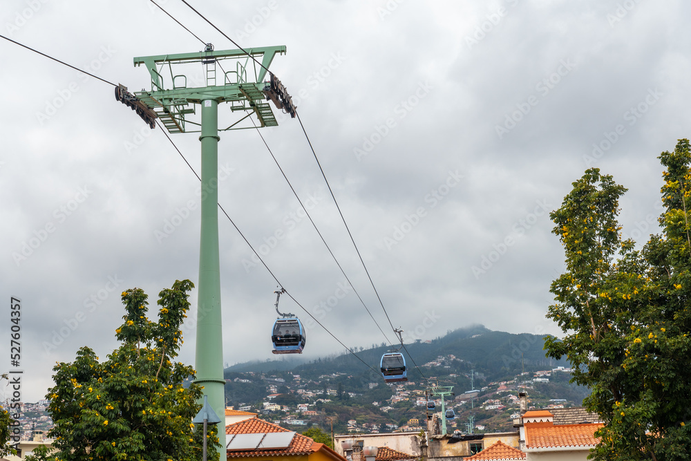 Cabin of the Funchal cable car that goes up the mountain from the beach, on a cloudy day. Madeira