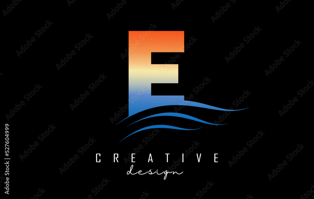 Sunset effect letter E logo with waves lines. Letter with geometric waves and sunset design.