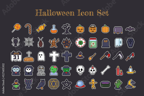 Halloween icon set in pixel art style