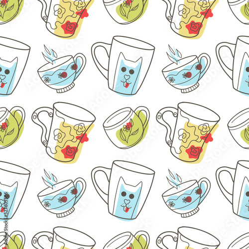 vector seamless pattern on the fun cups for tea and coffee