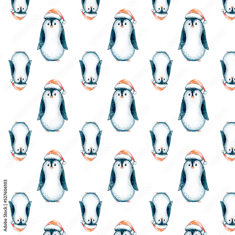 Obraz premium Watercolor Merry Christmas seamless pattern with snowman, christmas tree , snowman, holiday cute animals bunny rabbit, rabbit and baby deer . Christmas celebration cards. Winter new year