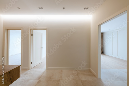 Interior design of a bright corridor with stylish furniture. Cleanliness and order