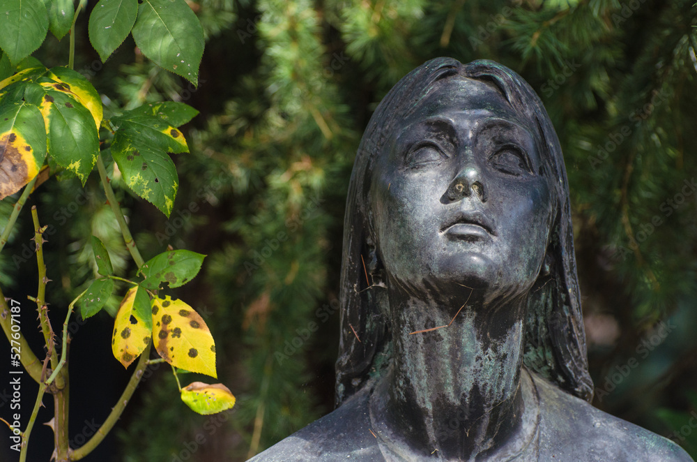 Obraz premium Primo piano di una statua bronzea di una donna dolente su una tomba del cimitero maggiore di Milano con dell’edera sullo sfondo 