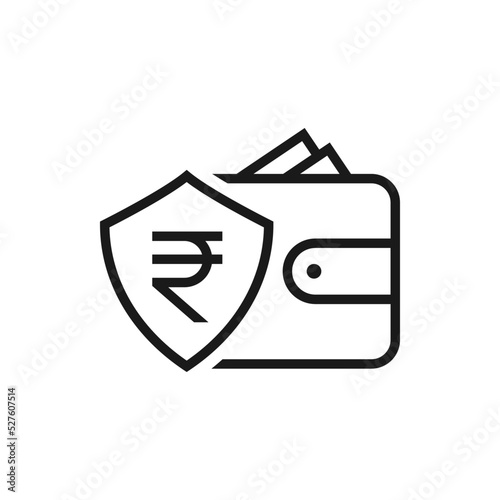 Rupee sign on shield and wallet icon design isolated on white background. Vector illustration