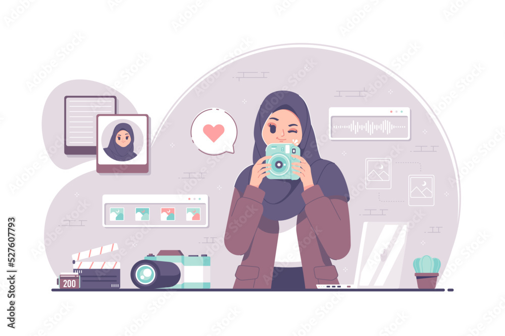 hijab photographer girl character illustration