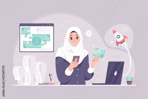 islamic hijab business woman with Idea and money puzzle