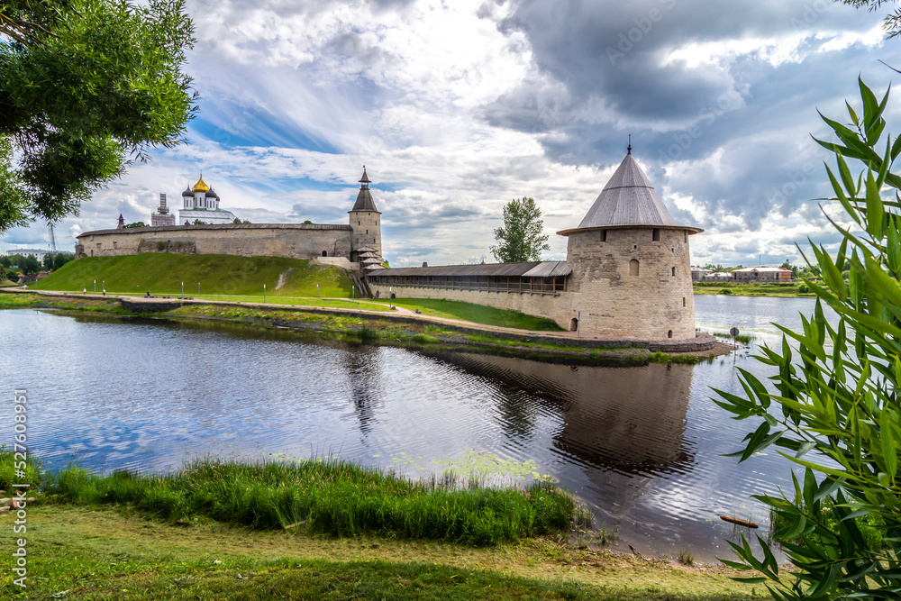 View of the Pskov Kremlin (Krom) and the confluence of the rivers Pskov and Velikaya, Pskov, Russia