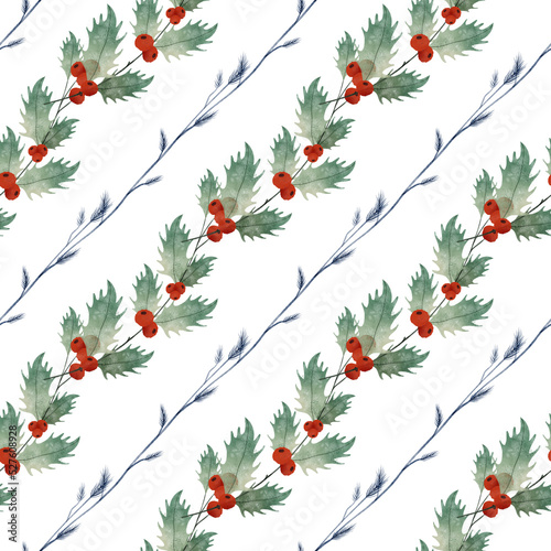 Red Berry Christmas Seamless Pattern on White Background Illustration.