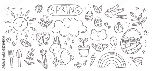 Black and white spring doodle set. Cute set of spring cliparts, easter elements. Isolated illustration.