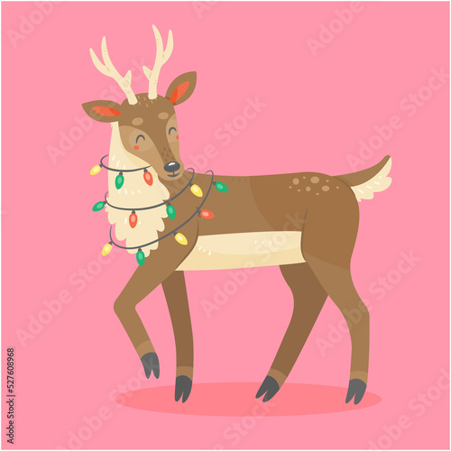 Cute deer with a garland in cartoon style. New Year and Christmas animal character. Isolated illustration.