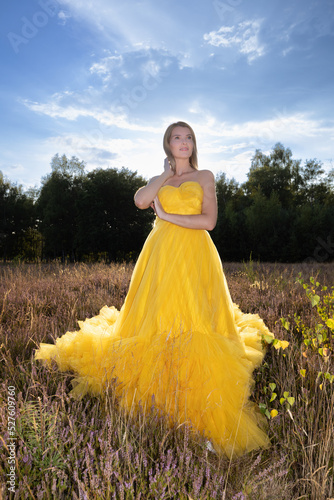 Beautiful and sensual young caucasian woman wearing a yellow evening dress outside in a natural setting over a heather and forest background. High quality photo