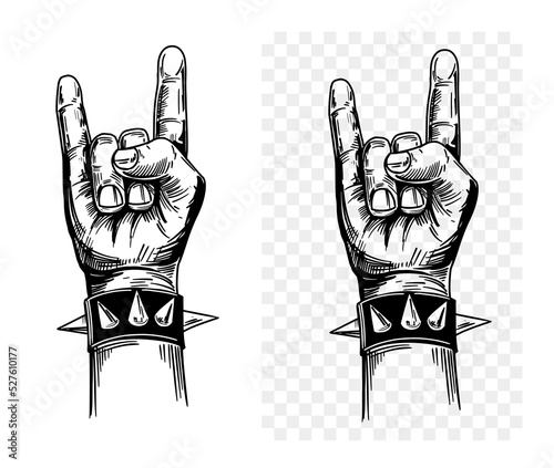 Rock and roll hand gesture, sign. Black ink sketch, vector illustration