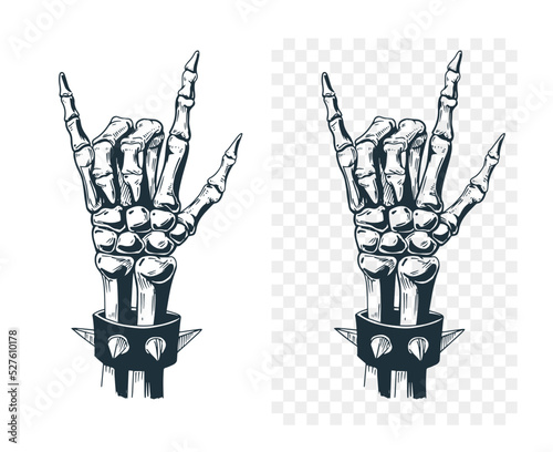 Rock and roll hand gesture, sign. Skeleton hand. Black ink sketch, vector illustration