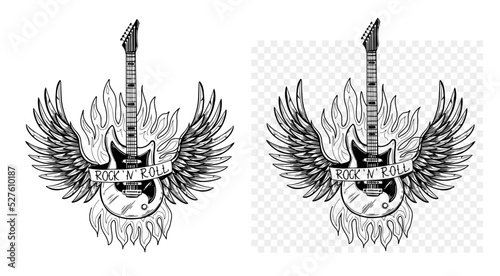 Illustration of a guitar on fire with wings. Emblem, sign of rock and roll. Vector sketch illustration
