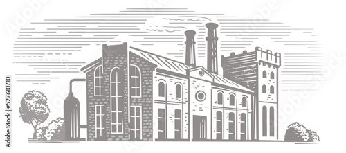 Old factory vector. Engraving style drawing. Plant sketch building emblem.