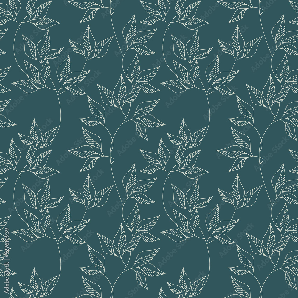 Ivy contour leaves seamless pattern vector. Abstract line branches floral backdrop illustration. Wallpaper, background, fabric, textile, print, wrapping paper or package design.