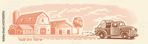 Farming landscape with pickup truck. Farm with barn drawing