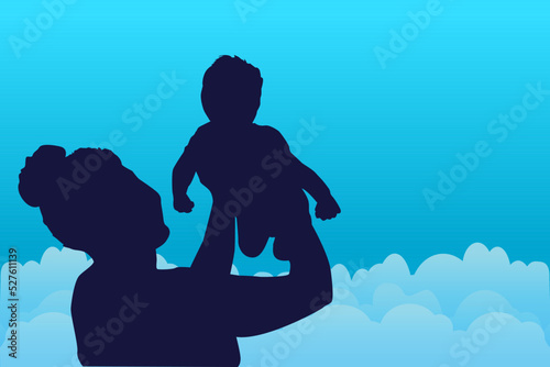 Mother with baby on morning sky background. Woman and kid silhouette on blue backdrop with copy space.Child on mom hands.Mother holding newborn baby.Mothers day, motherhood concept.Vector illustration