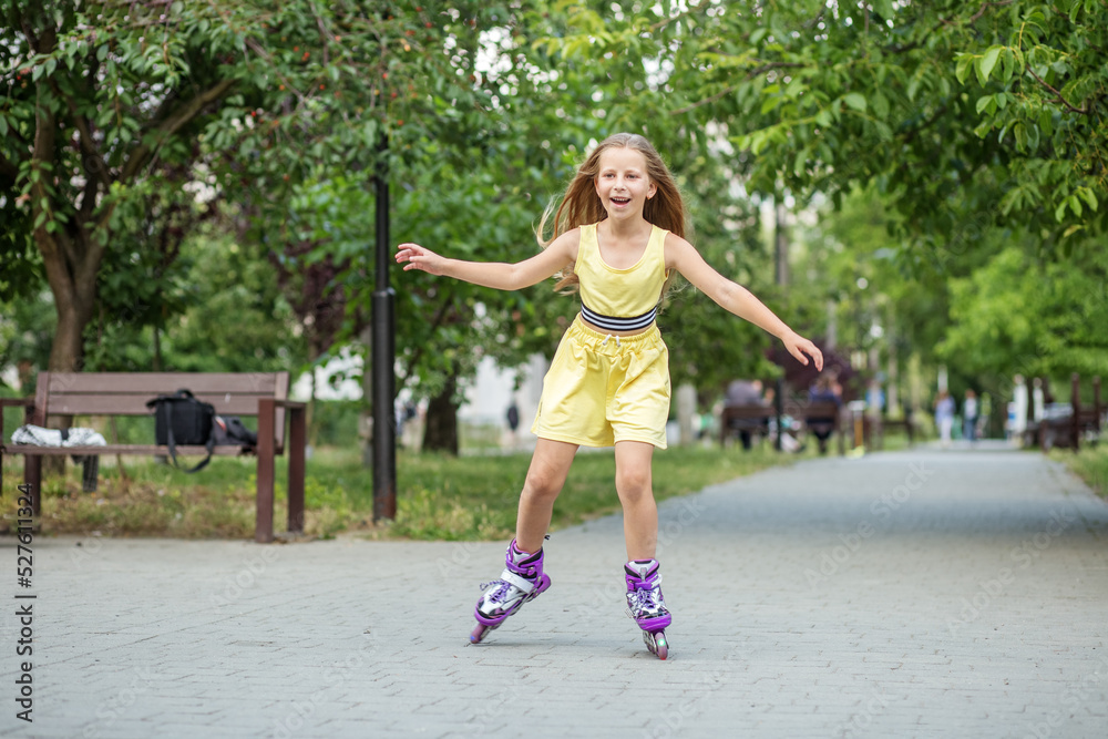 Child rollerblading fast at skate park. Having fun. Concept of an active lifestyle, hobbies