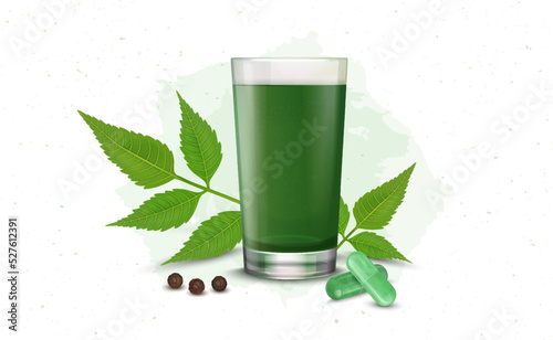 Medicinal Neem Juice with neem leave and capsule vector illustration