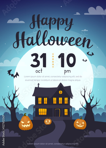 Halloween night party poster with old creepy house silhouette. Halloween invitation template with spooky house.