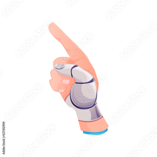 Robotic prosthesis human hand, pointing finger up isolated cartoon icon. Vector innovation medicine handicapped robotized cyborg palm limb. Futuristic robot artificial hand with metal finger