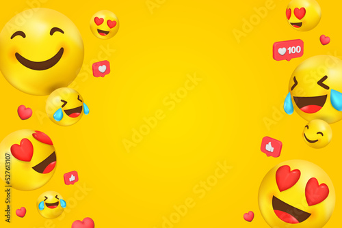 Yellow background with 3D emoji faces with smiling eyes and a big smile laughing to tears and love in the eyes.