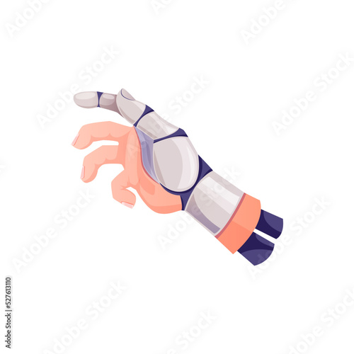 Human hand with fingers robotic prosthesis disabled limb isolated cartoon icon. Vector robot body part, cyborg palm, robotized hand. Robot artificial hand with metal finger, innovation medicine