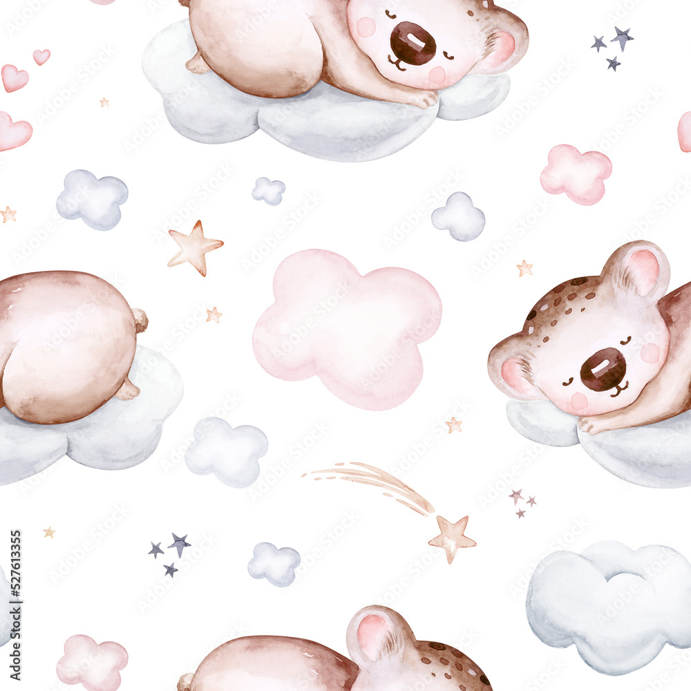 Watercolor pattern for children with sleeping koala. Rabbit print for baby fabric, poster pink with beige and blue clouds, moon, sun. Nursery print illustration textile