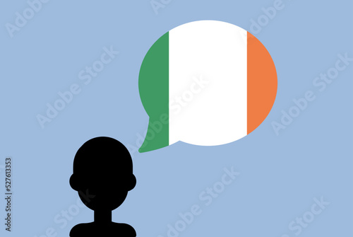 Ireland flag with speech balloon, silhouette man with country flag, learning Ireland language