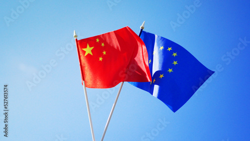 China and European Union flags. International market. EU diplomacy