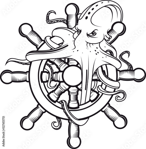 Octopus on helm, nautical marine vector icon, vector ocean kraken. Ship seafaring or sea yachting and captains club mascot symbol, octopus with tentacles on ship helm